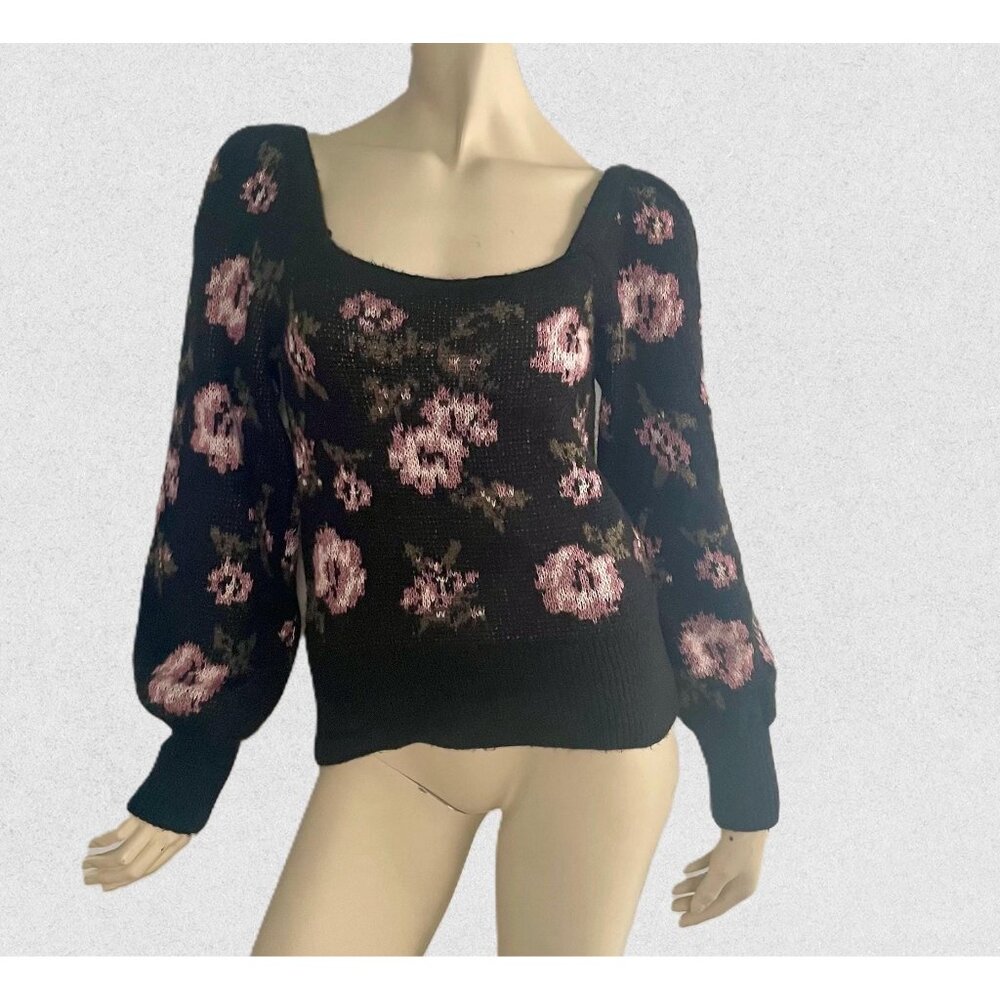 Anthropologie Black Sweater with Pink Floral Pattern